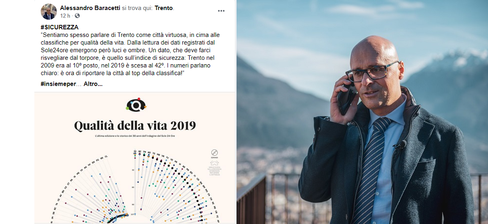 Baracetti attacca il comune di Trento per i dati sulla sicurezza che però si riferiscono alla Provincia
